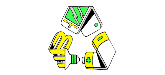 Image : une lampe au mercure, un téléphone cellulaire et une batterie sont tordus pour ressembler au symbole du recyclage (trois flèches tordus pointant une vers une autre comme un cycle).